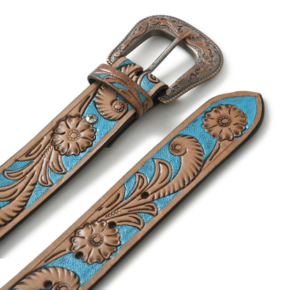 Western Cowboy Leather Belt - Blue & Brown
