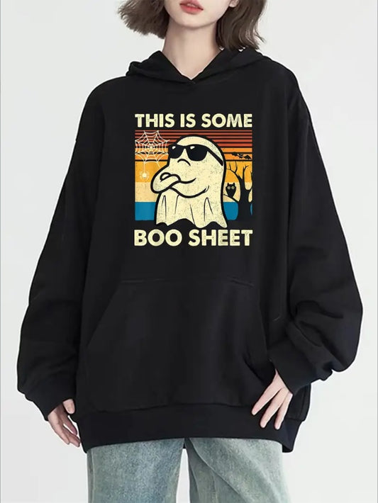Halloween Graphic Kangaroo Pocket Hoodie - Casual Long Sleeve Hooded Sweatshirt With Print - All Season Slight Stretch Pullover With Pocket For Women