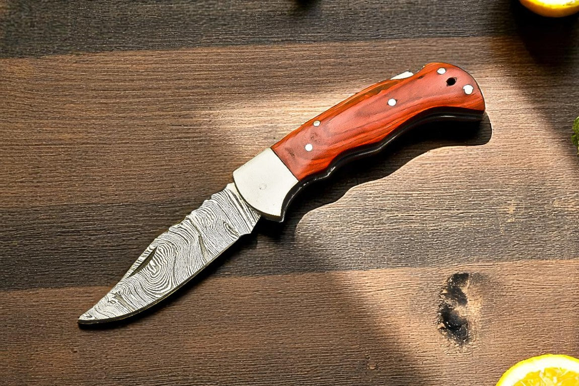 Handmade Damascus Pocket Knife with Wood Handle – 3" Blade